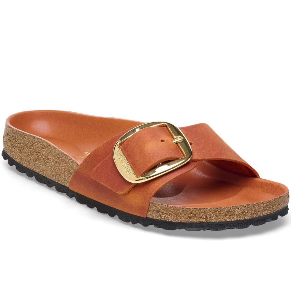 Birkenstock Women's Tan Madrid Big Buckle Slide Sandal in burnt orange